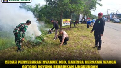 Cegah Penyebaran Nyamuk DBD, Babinsa Bersama Warga Gotong Royong Bersihkan Lingkungan