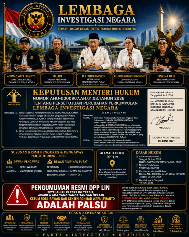 SK MENTERI HUKUM TERBIT! Perubahan AD/ART dan Kepengurusan LIN Resmi Disahkan Negara, DPP Tegaskan Hanya Ketum dan Sekjen Berwenang Menandatangani Dokumen Organisasi