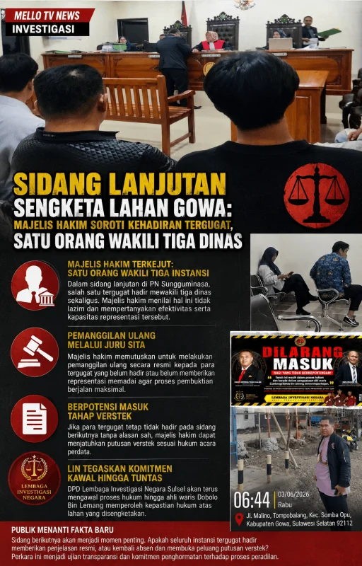 SIDANG LANJUTAN SENGKETA LAHAN GOWA: MAJELIS HAKIM SOROTI KEHADIRAN TERGUGAT, SATU ORANG WAKILI TIGA DINAS