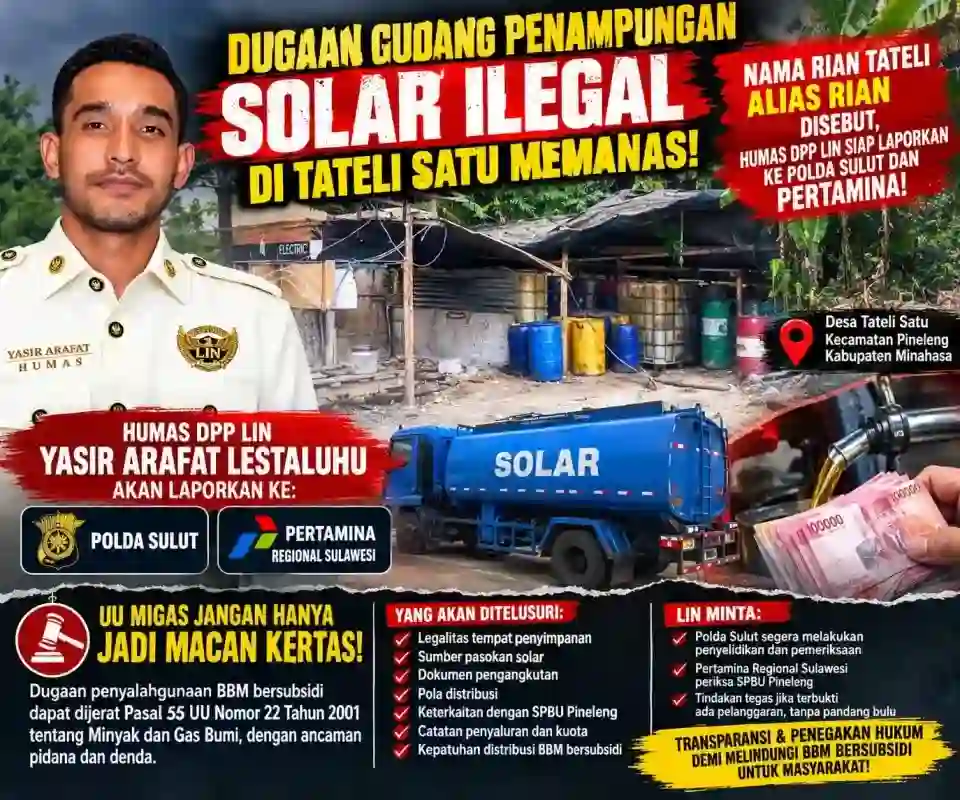 DUGAAN GUDANG PENAMPUNGAN SOLAR ILEGAL DI TATELI SATU MEMANAS! NAMA RIAN TATELI ALIAS RIAN DISEBUT, HUMAS DPP LIN SIAP LAPORKAN KE POLDA SULUT DAN PERTAMINA!