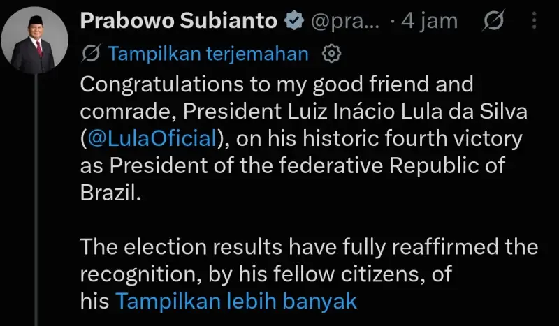 Prabowo Ucapkan Selamat atas Kemenangan Lula di Pilpres Brasil, Dorong Penguatan Hubungan Kedua Negara