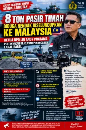 8 TON PASIR TIMAH DIDUGA HENDAK DISELUNDUPKAN KE MALAYSIA, KETUA DPD LIN PERTANYAKAN KEJELASAN PENANGANAN LANAL BABEL