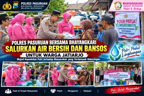 Polres Pasuruan Bersama Bhayangkari Salurkan Air Bersih dan Bansos untuk Warga Jatiarjo